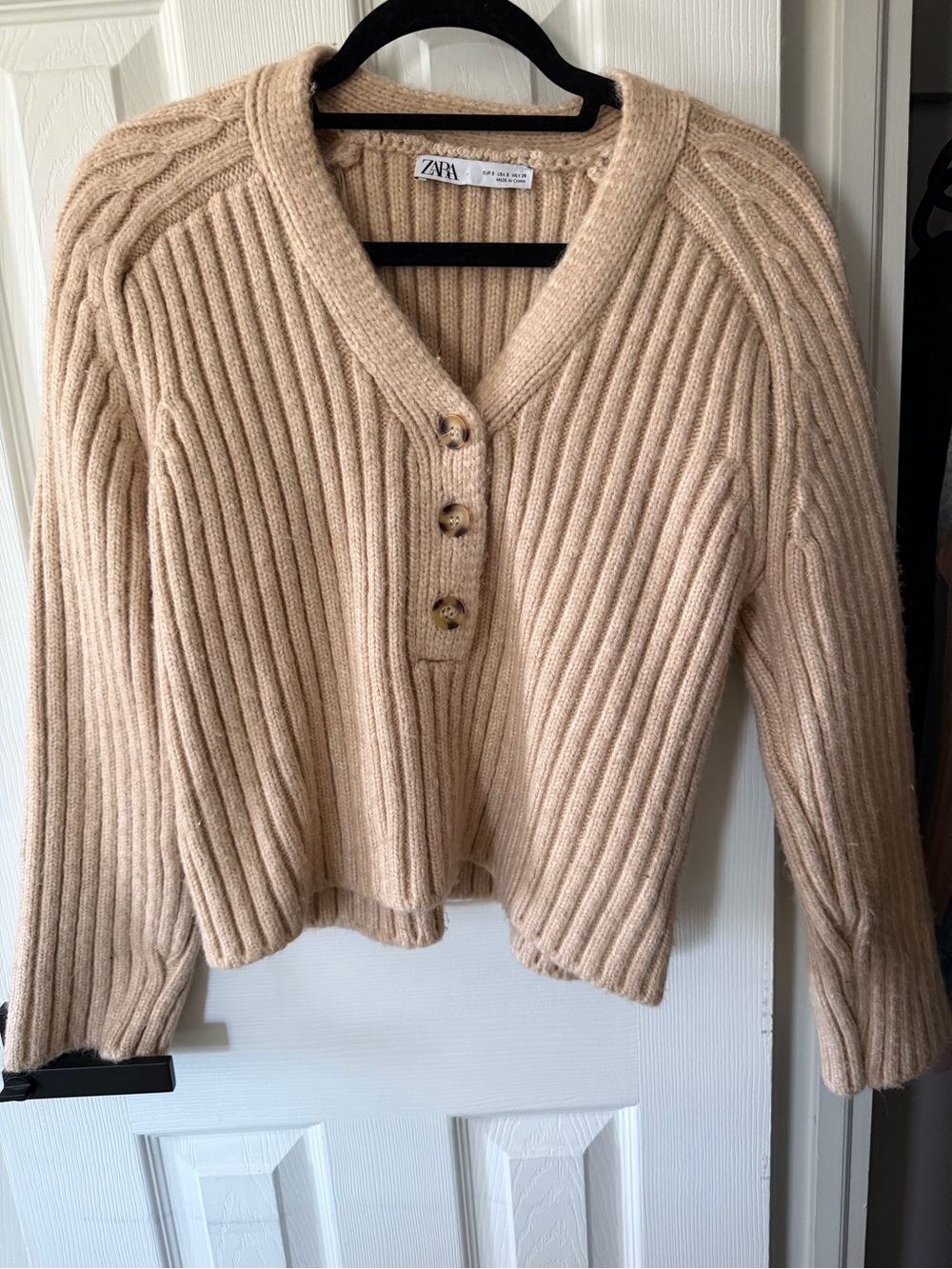 Zara Beige Ribbed V-Neck Button Front Sweater